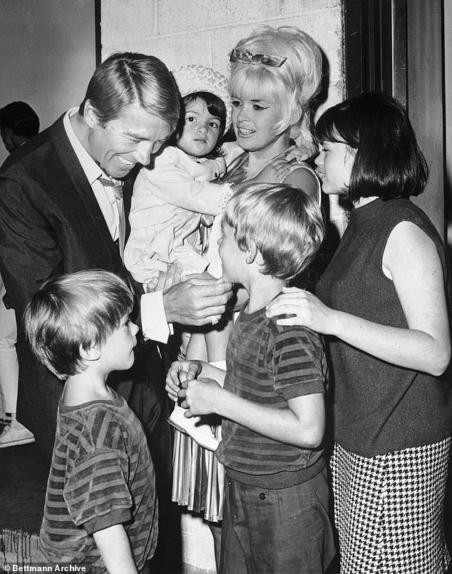 Mariska shared that her biological father is not Mickey Hargitay, the man who raised her; Mickey pictured with Jayne, baby Mariska, sons Zoltan, Mikos, and daughter Jayne from Mansfield's previous marriage