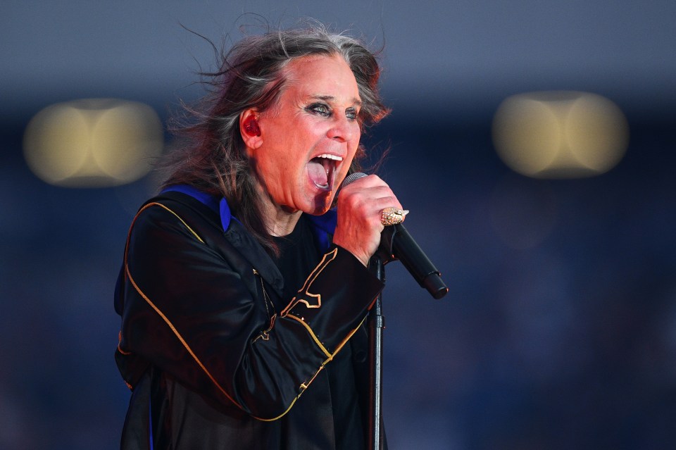 Ozzy Osbourne performing at an NFL halftime show.