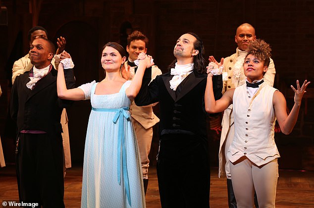Lin-Manuel Miranda (second to right) will join the original cast of Hamilton to pay tribute to his hit musical for its 10th anniversary; pictured with original stars Leslie Odom Jr. (L), Phillipa Soo (second to left) and Ariana DeBose (R)