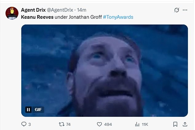 Fans took to social media to laud the shock moment, with one fan writing: 'Jonathan Groff climbing over Keanu Reeves in the audience and then straddling him while performing at the Tonys omg lol'