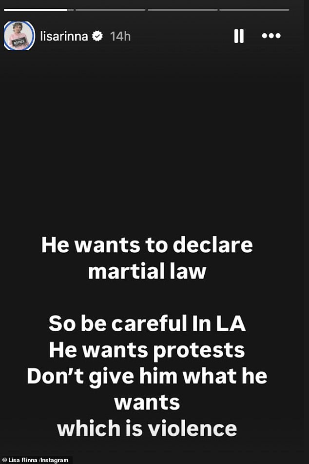Longtime LA native Lisa Rinna warned protesters they were essentially playing into Trump's plans if they got violent during the demonstrations