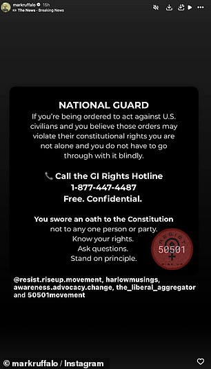 Actor Mark Ruffalo put up a post encoruaging National Guard members to question authority if they felt they were being ordered to violate the U.S. Consitituion