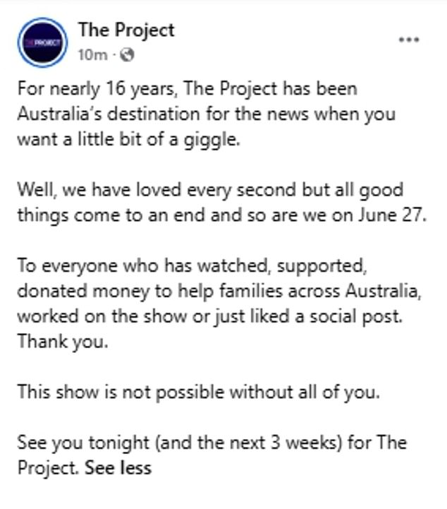 Network 10 shared a post to Facebook thanking viewers for their support, and announced the show's replacement in a statement