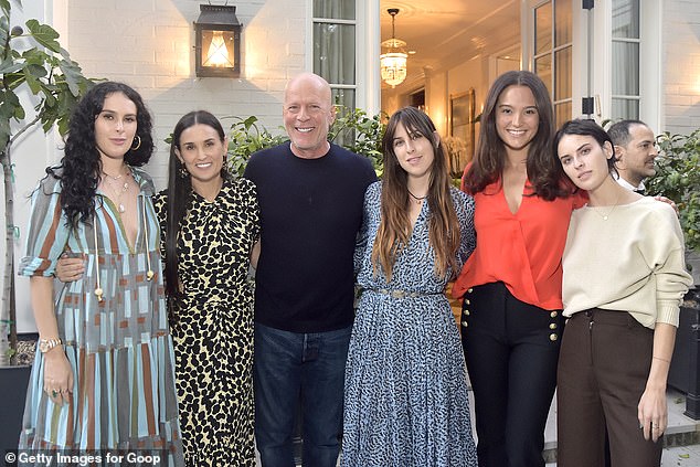 Rumer Willis, Demi Moore, Bruce Willis, Scout Willis, Emma Heming Willis and Tallulah Willis attend Demi's book party in 2019