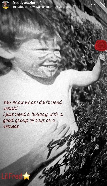Instagram post: Black and white photo of a young boy with text overlay stating he needs a boys' holiday or retreat instead of rehab.