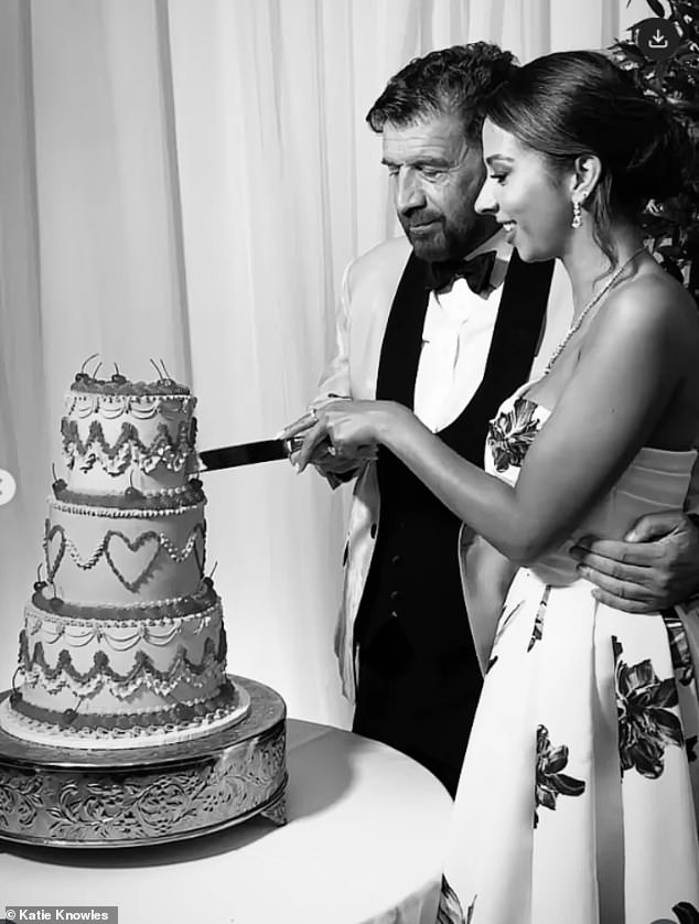 Katie wore her quirky floral print wedding dress, which she wore for the ceremony, for the couple's first dance and cutting their huge three tier cake