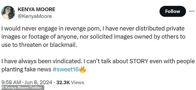 And in a separate post, Moore penned on X: 'I would never engage in revenge porn, I have never distributed private images, nor solicited images owned by others to use or threaten or blackmail'