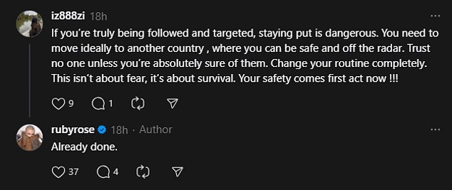 It comes after Rose shared a series of troubling posts to Threads last week, claiming someone is following her and trying to kill her
