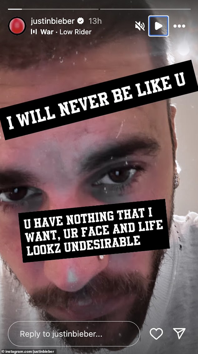 Justin Bieber took to Instagram Stories earlier Monday with a selfie and a message