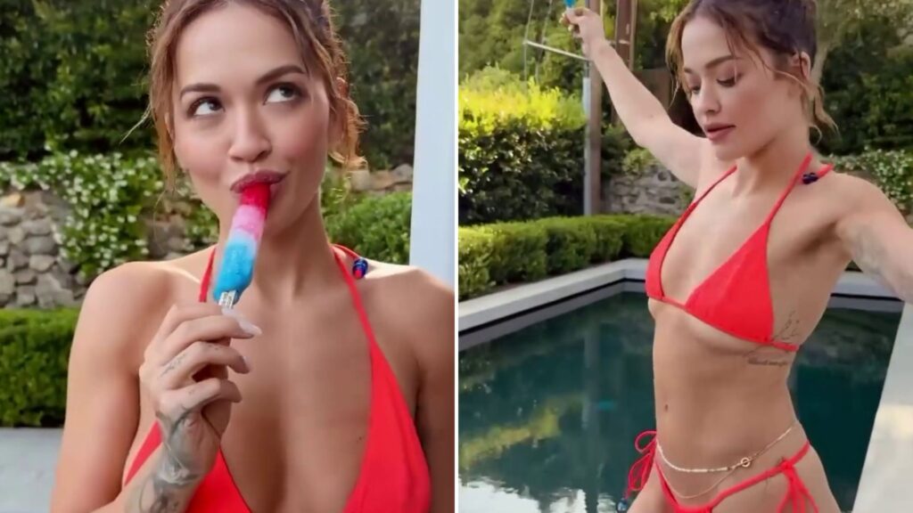 Rita Ora looks incredible as she strips off to thong bikini to enjoy an ice lolly by the pool