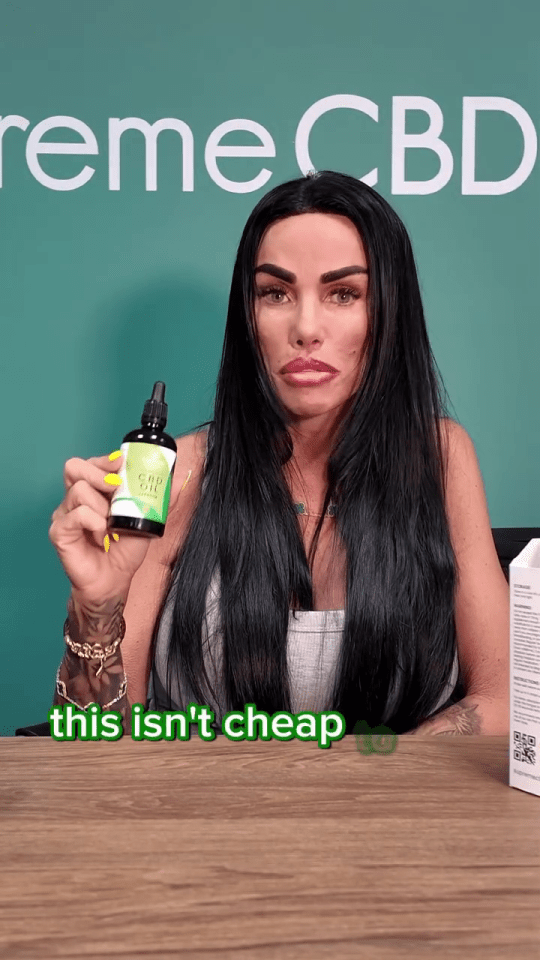 Woman holding CBD oil bottle, saying it's expensive.