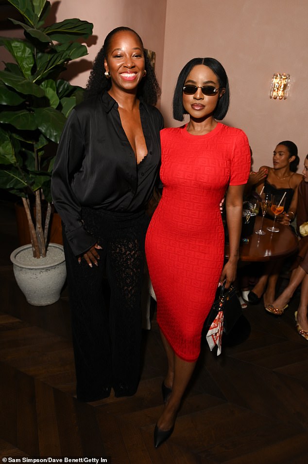 She paired the dress with black stilettos and small oval sunglasses as she posed with Mutya and Siobhán, as well as stars Jamelia (Pictured) and Rita Ora