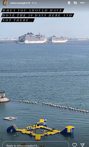 The beauty posted a video online which started at luxury hotel accommodation before panning over to the £1billion MSC World Europa luxury cruise ship
