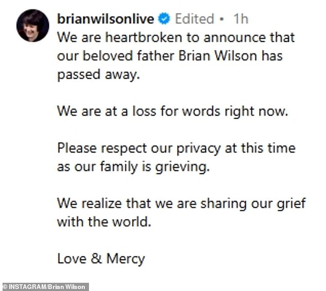 His children announced Wilson's death on the singer's official Instagram page this Wednesday, along with what appeared to be a recent photo