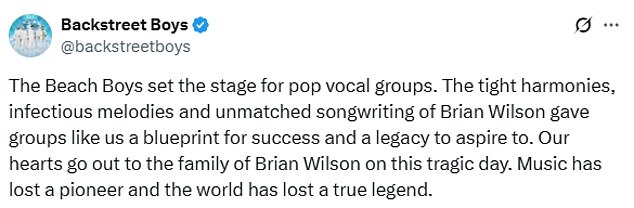 'The Beach Boys set the stage for pop vocal groups,' began a post on the official X, formerly Twitter, account of the Backstreet Boys