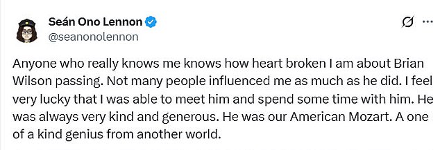 News of his death prompted an outpouring of grief from his fans, including Sean Ono Lennon, the son of John Lennon and Yoko Ono