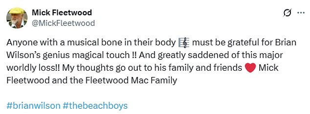 'Anyone with a musical bone in their body must be grateful for Brian Wilson’s genius magical touch !!' wrote Fleetwood Mac legend Mick Fleetwood