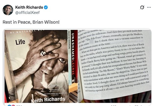 'Rest in Peace, Brian Wilson!' wrote Keith Richards, sharing a passage of his memoir in which he gave an unfiltered appraisal of Wilson's work