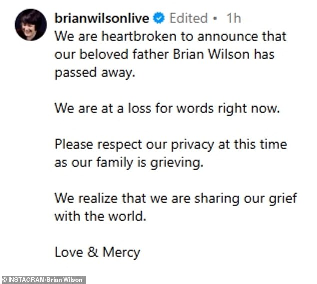 His children announced Wilson's death on the singer's official Instagram page this Wednesday, along with what appeared to be a recent photo