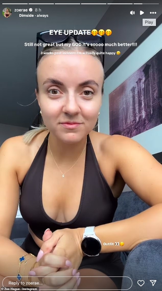 The fitness influencer, 28, was initially left with one eye partially closed after a trip to the clinic in February, telling her fans she 'could weep' at the state of her face