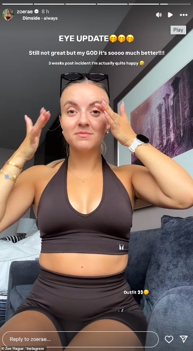 Showing off her healing eye area she penned: 'EYE UPDATE. Still not great but my GOD it's soooo much better!!!! 3 weeks post incident I'm actually quite happy!'