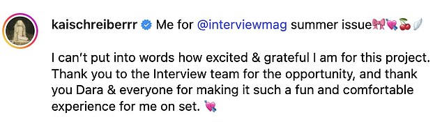 Kai took to Instagram to thank those involved with the feature story and adjacent photoset on Wednesday