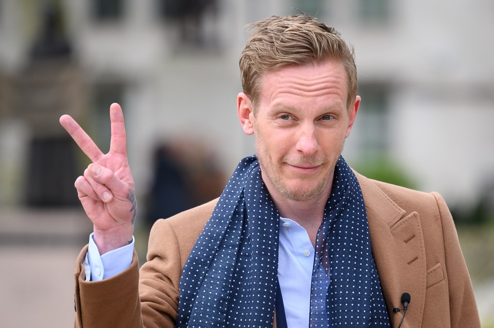 Laurence Fox giving a peace sign while announcing his mayoral candidacy.