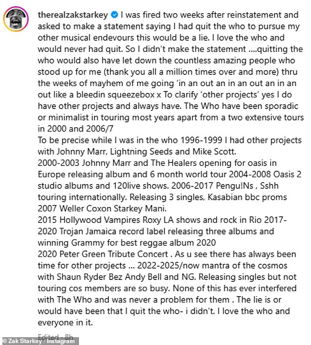 Zak has since claimed his departure was not a mutual decision and that he was fired from the band