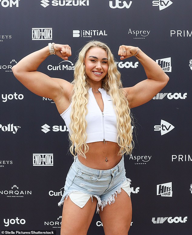 Galdiators star Diamond showed off her impressive muscles in a white crop top and denim shorts