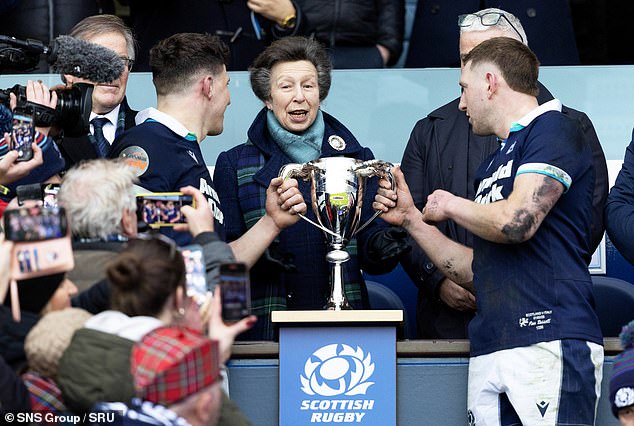 The princess, who¿s patron of Scottish Rugby, presented the Cuttitta Cup to Scotland's Rory Darge (left) and Finn Russell during a Guinness Six Nations match between Scotland and Italy earlier this year