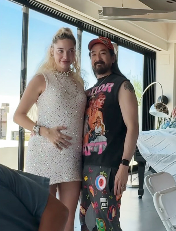 Steve Aoki and his pregnant wife announcing their pregnancy.