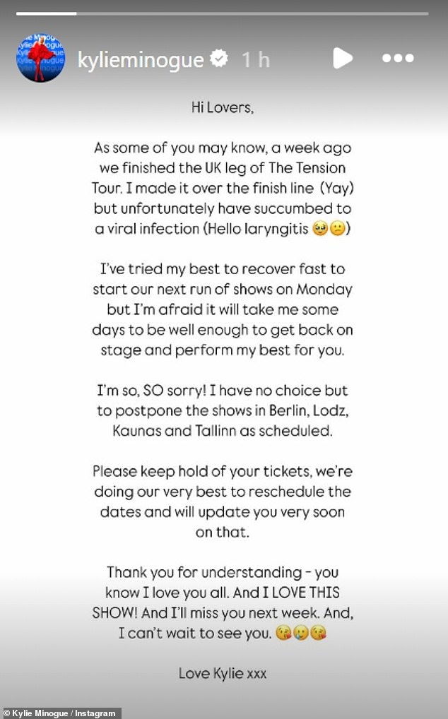 After completing the UK leg of her tour this week, she has had to cancel shows in Berlin, Lodz, Kaunas and Tallinn, after being diagnosed with laryngitis