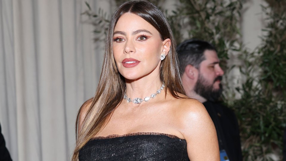 Sofia Vergara in a black strapless dress.