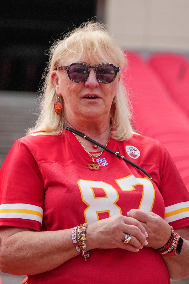 Donna Kelce, mother of Travis Kelce, wearing a Kansas City Chiefs jersey.
