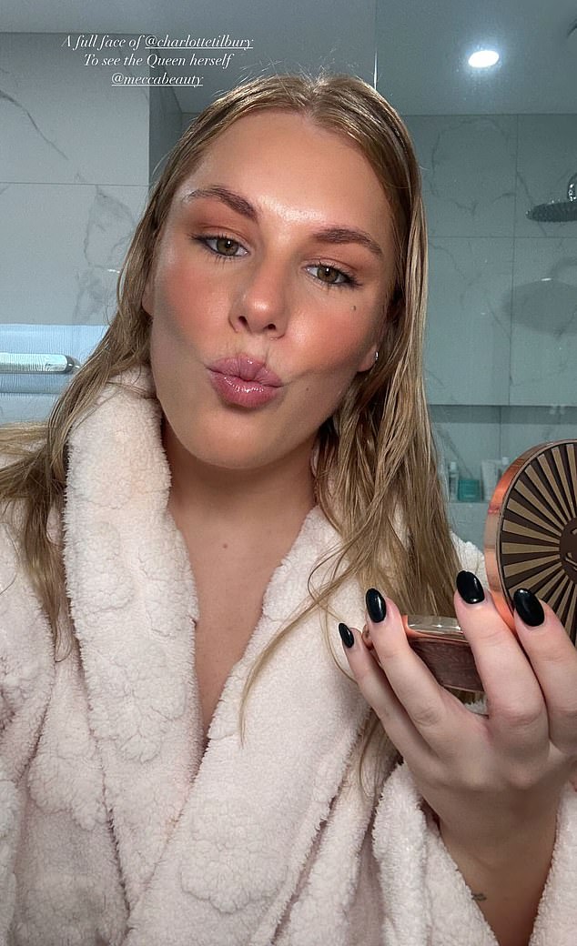 In one image, the influencer was seen pouting confidently at the camera while applying bronzer in a plush bathrobe, her skin absolutely radiant