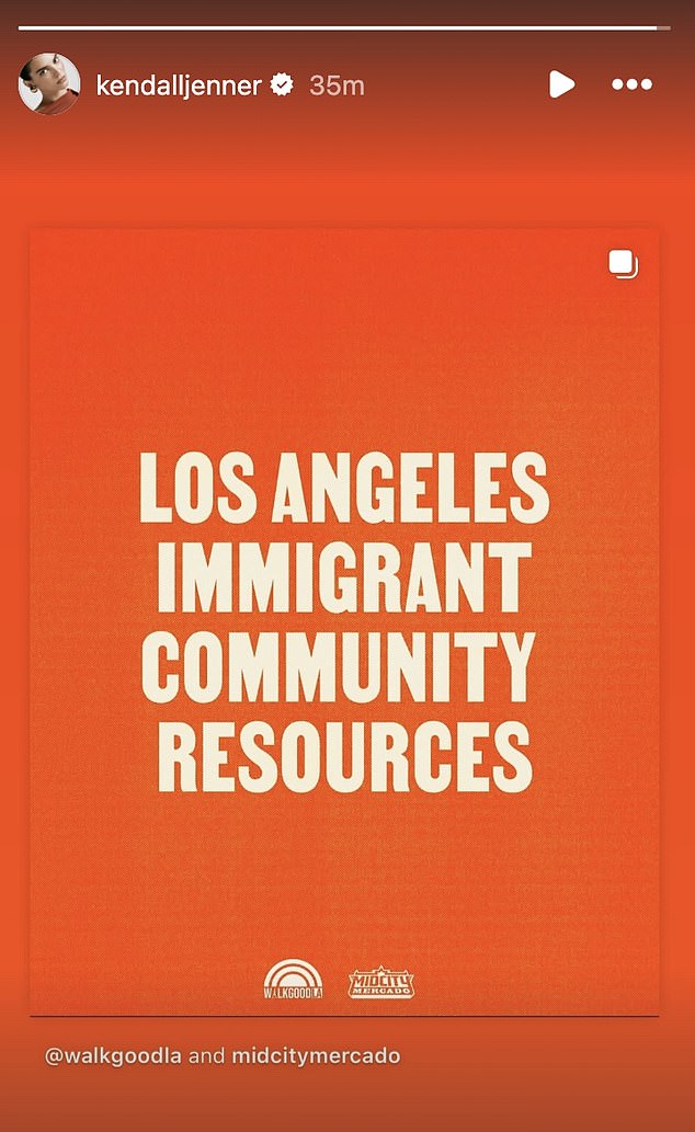 Kendall took to her Instagram Stories to share a message in support of 'Los Angeles Immigrant Community Resources,' encouraging her followers to get involved and spread awareness