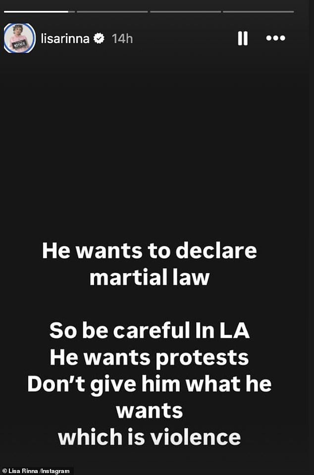 Longtime LA native Lisa Rinna warned protesters they were essentially playing into Trump's plans if they got violent during the demonstrations