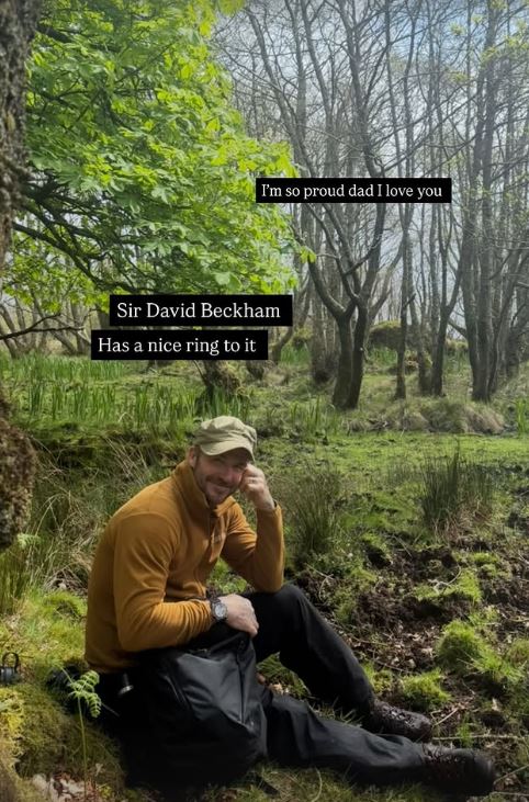 David Beckham, sitting in a wooded area, with text overlay announcing his knighthood.