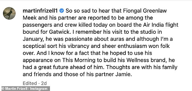 Former This Morning producer Martin Frizell also posted a tribute, sharing a photo of Fiongal alongside then-hosts Cat Deeley, 48, and Ben Shephard, 50