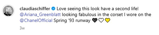 Impressed by her ensemble, Claudia penned on Instagram: 'Love seeing this look have a second life! @Ariana_Greenblatt looking fabulous in the corset I wore on the @ChanelOfficial Spring ¿93 runway'