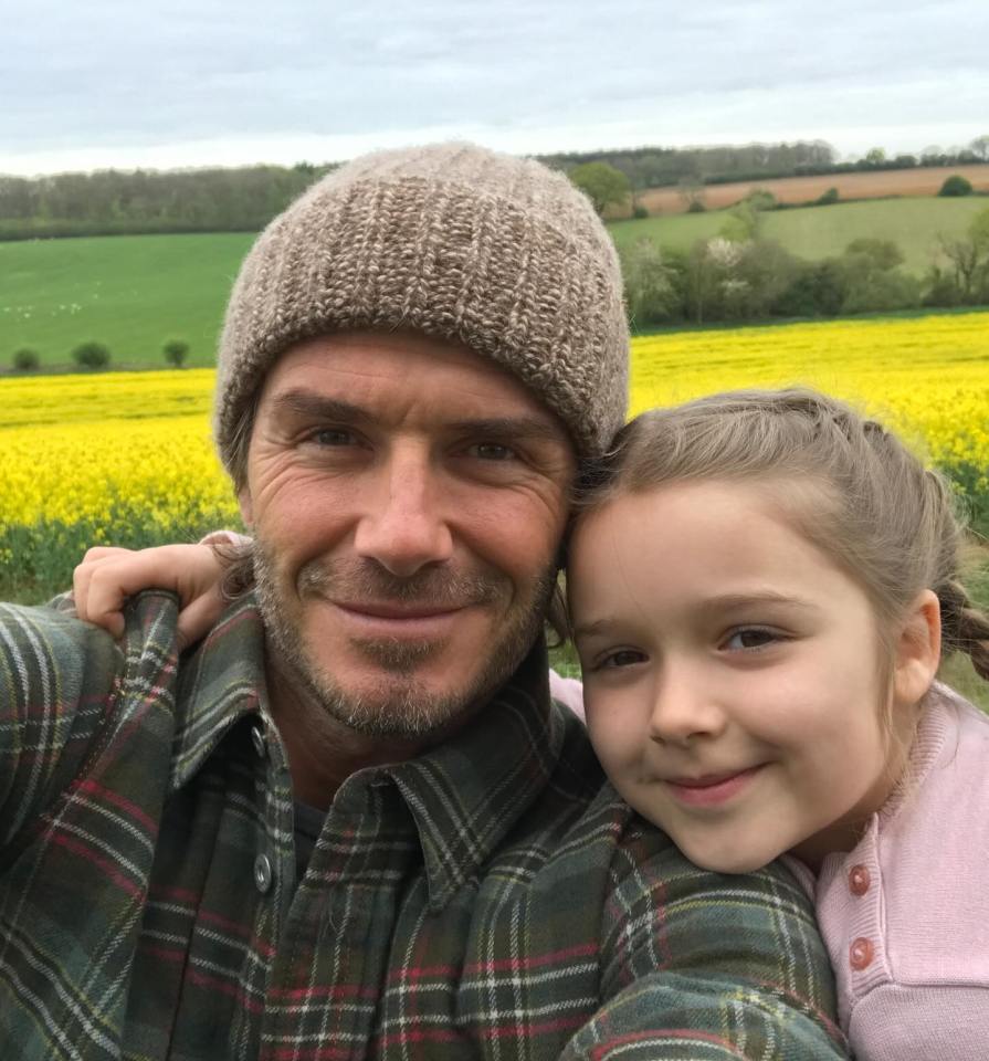 David Beckham and his daughter in a field of yellow flowers.