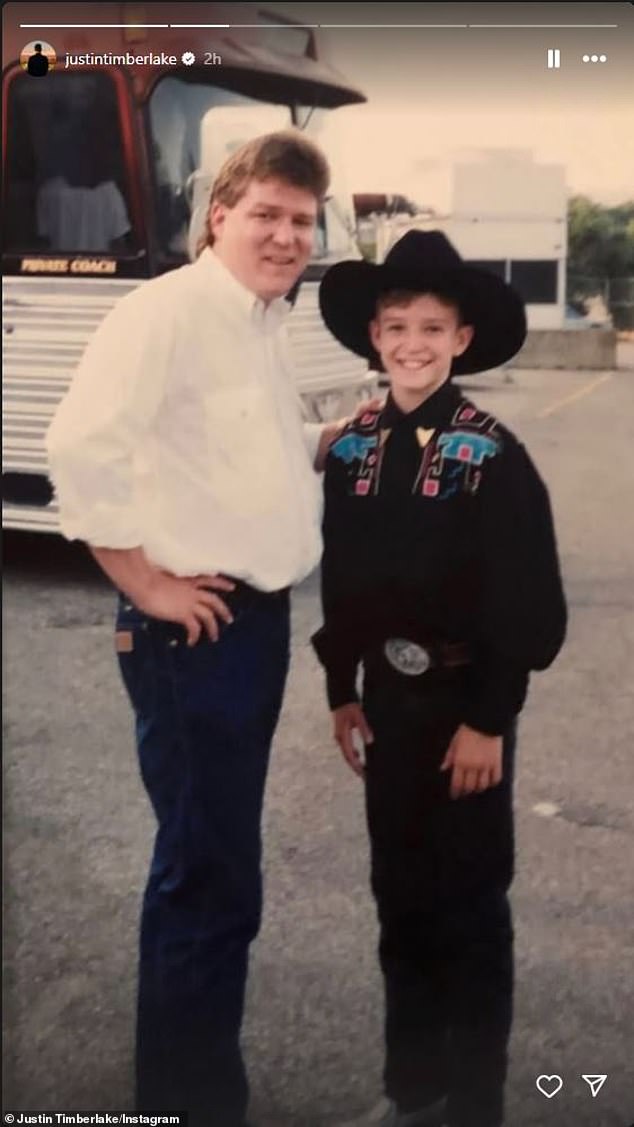 In an epic throwback, the 44-year-old pop star Instastoried a snap of himself decked out in Star Search-era Western wear while posing with the Baptist church choir director, who divorced his mother Janet Harless in 1985
