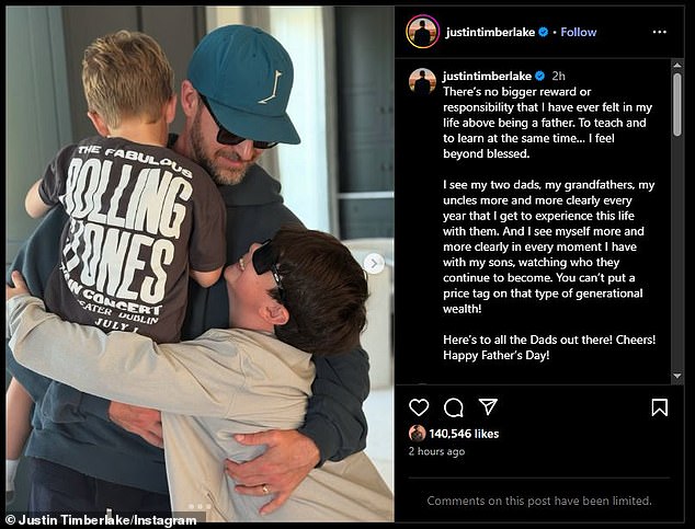 Justin gushed on Sunday: 'There's no bigger reward or responsibility that I have ever felt in my life above being a father. To teach and to learn at the same time… I feel beyond blessed. I see my two dads, my grandfathers, [and] my uncles more and more clearly every year that I get to experience this life with them'