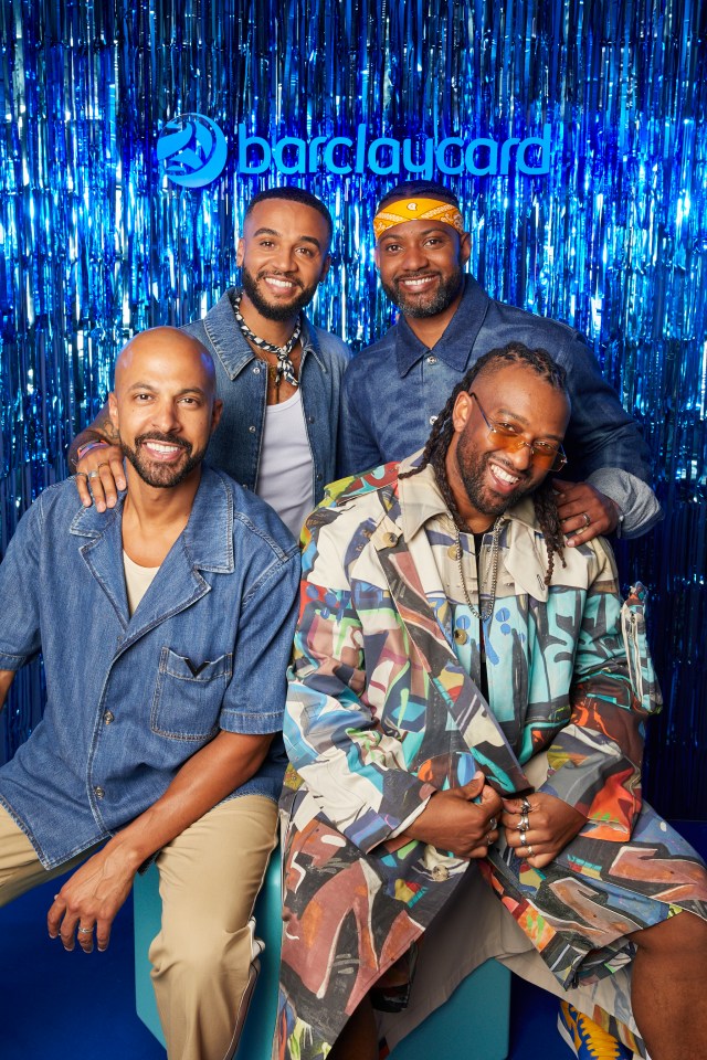 Four men posing in denim jackets against a blue backdrop.