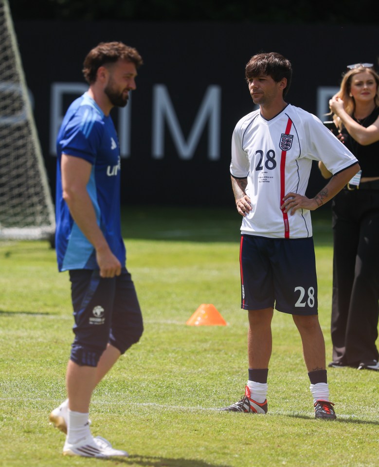 Sam Thompson and Louis Tomlinson at a Soccer Aid 2025 training session.