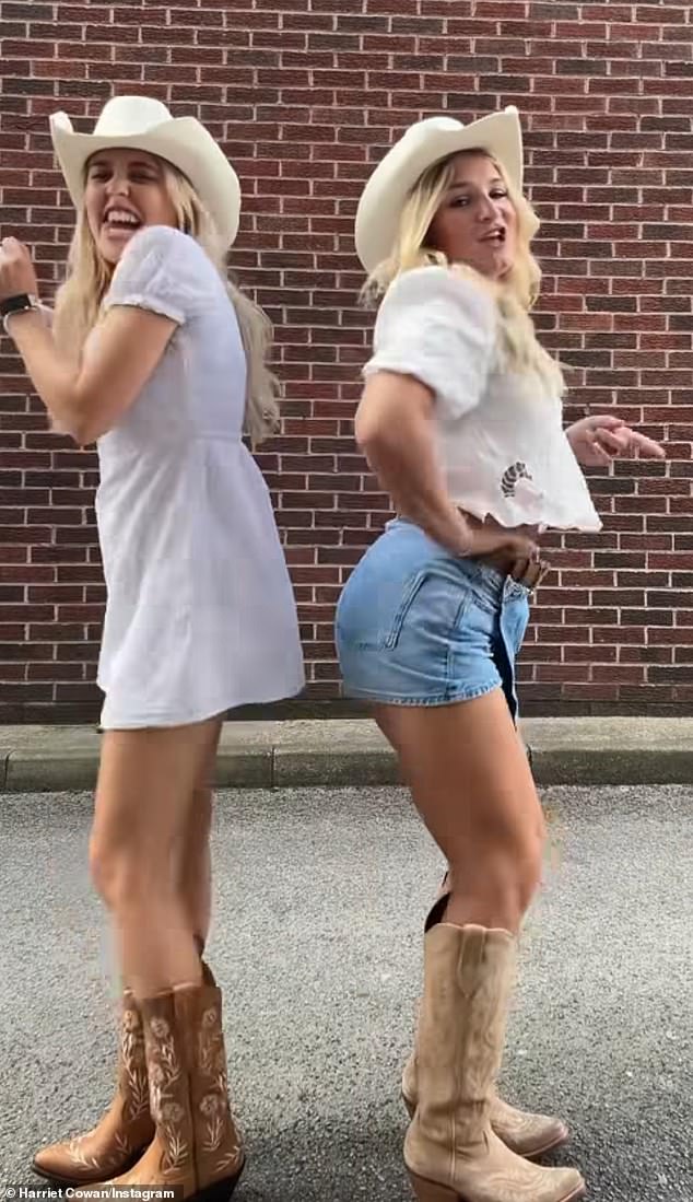 Harriet teamed her suede boots, from Ariat, with a white blouse and a cream western hat for the event