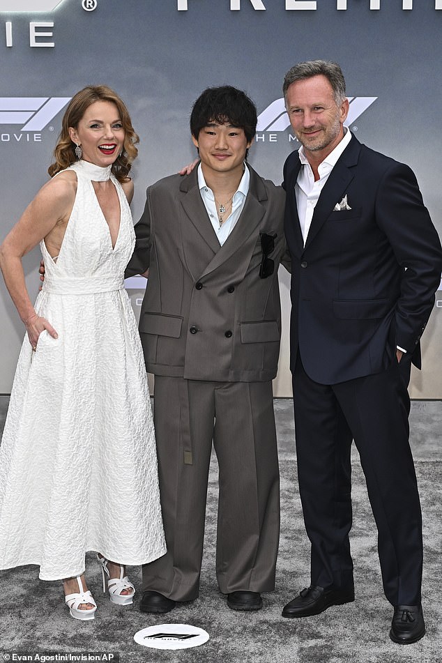 She boosted her height in matching platform heels and accessorised with silver drop earrings (Geri, Christian and Yuki Tsunoda L-R)