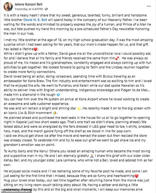 His sister paid a heartbreaking tribute to the act