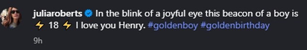 'In the blink of a joyful eye this beacon of a boy is ⚡️ 18 ⚡️ I love you Henry,' Roberts wrote, as well as the hashtags '#goldenboy' and '#goldenbirthday'