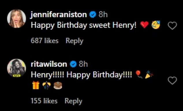 Jennifer Aniston wrote, 'Happy Birthday sweet Henry!' while Tom Hanks' wife Rita Wilson typed, 'Henry!!!!! Happy Birthday!!!!'